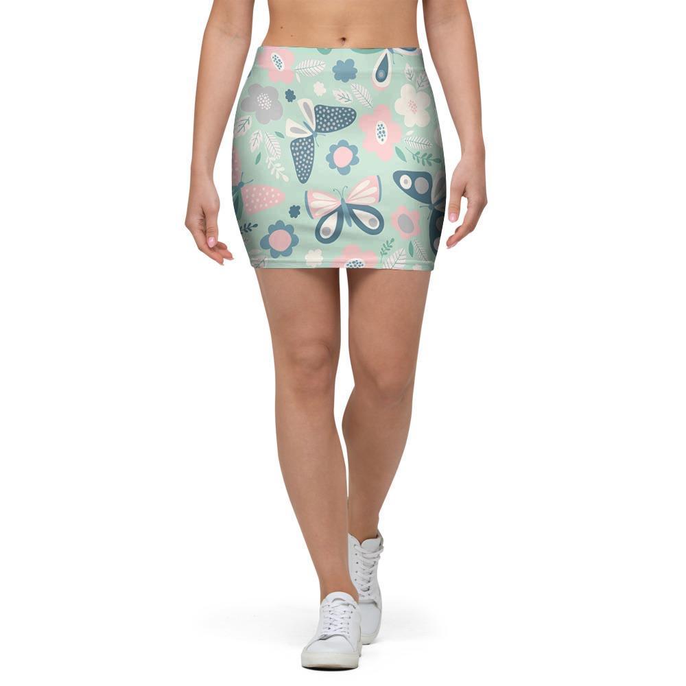 Floral Mint Butterfly Print Mini Skirt-grizzshop