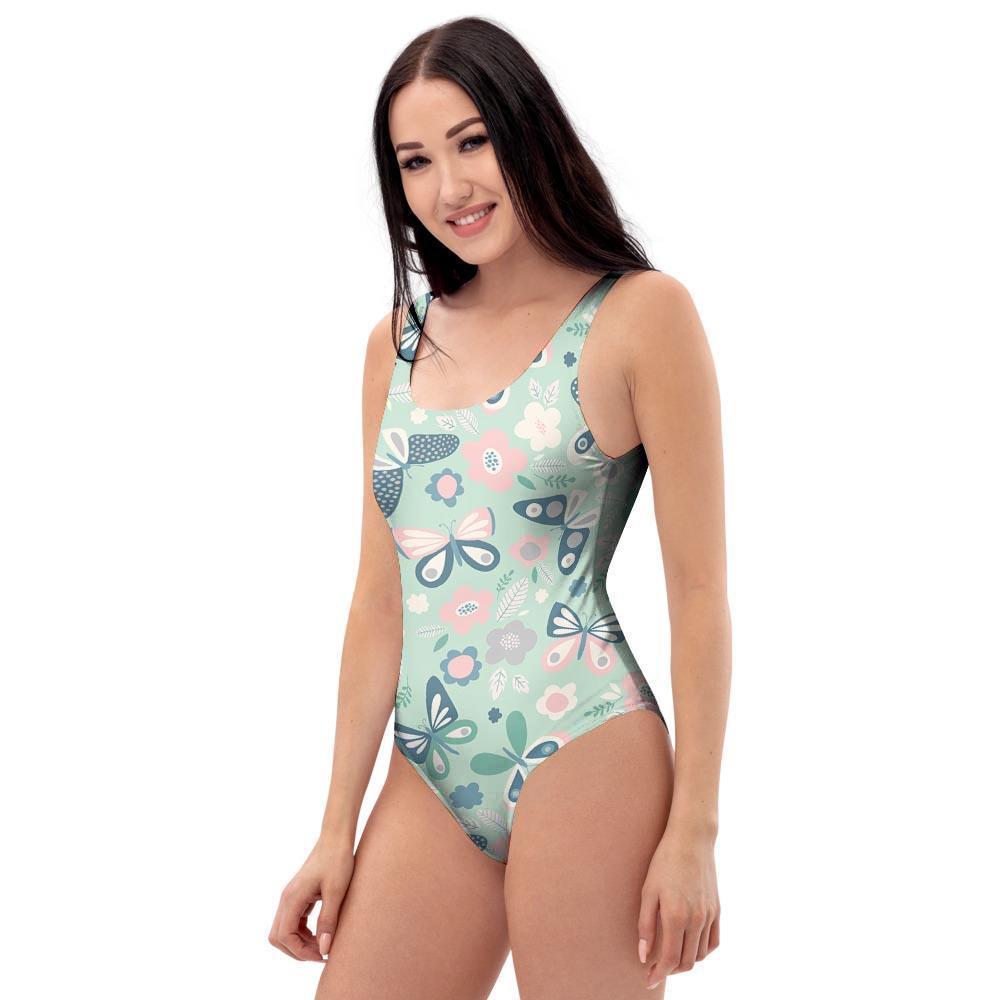 Floral Mint Butterfly Print One Piece Swimsuite-grizzshop