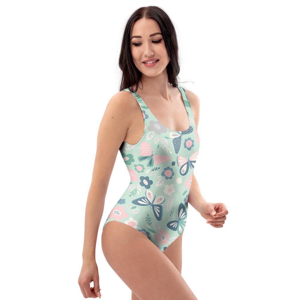 Floral Mint Butterfly Print One Piece Swimsuite-grizzshop