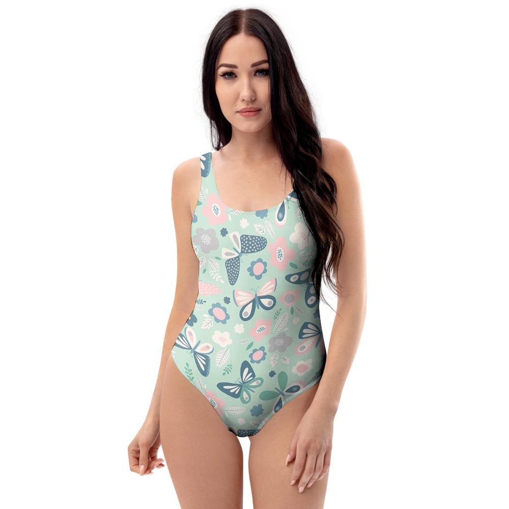 Floral Mint Butterfly Print One Piece Swimsuite-grizzshop