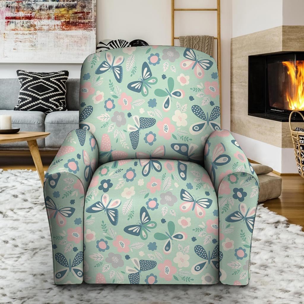 Floral Mint Butterfly Print Recliner Cover-grizzshop