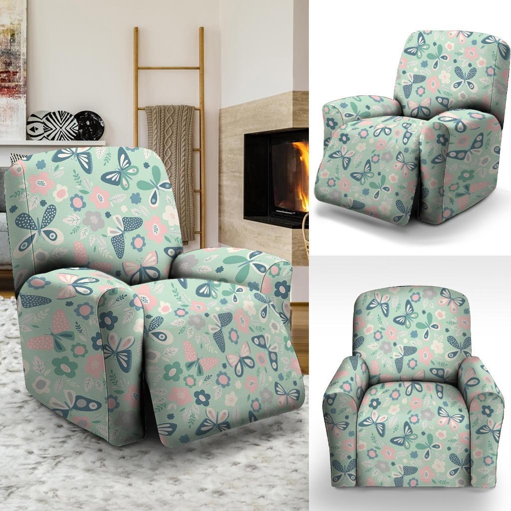 Floral Mint Butterfly Print Recliner Cover-grizzshop