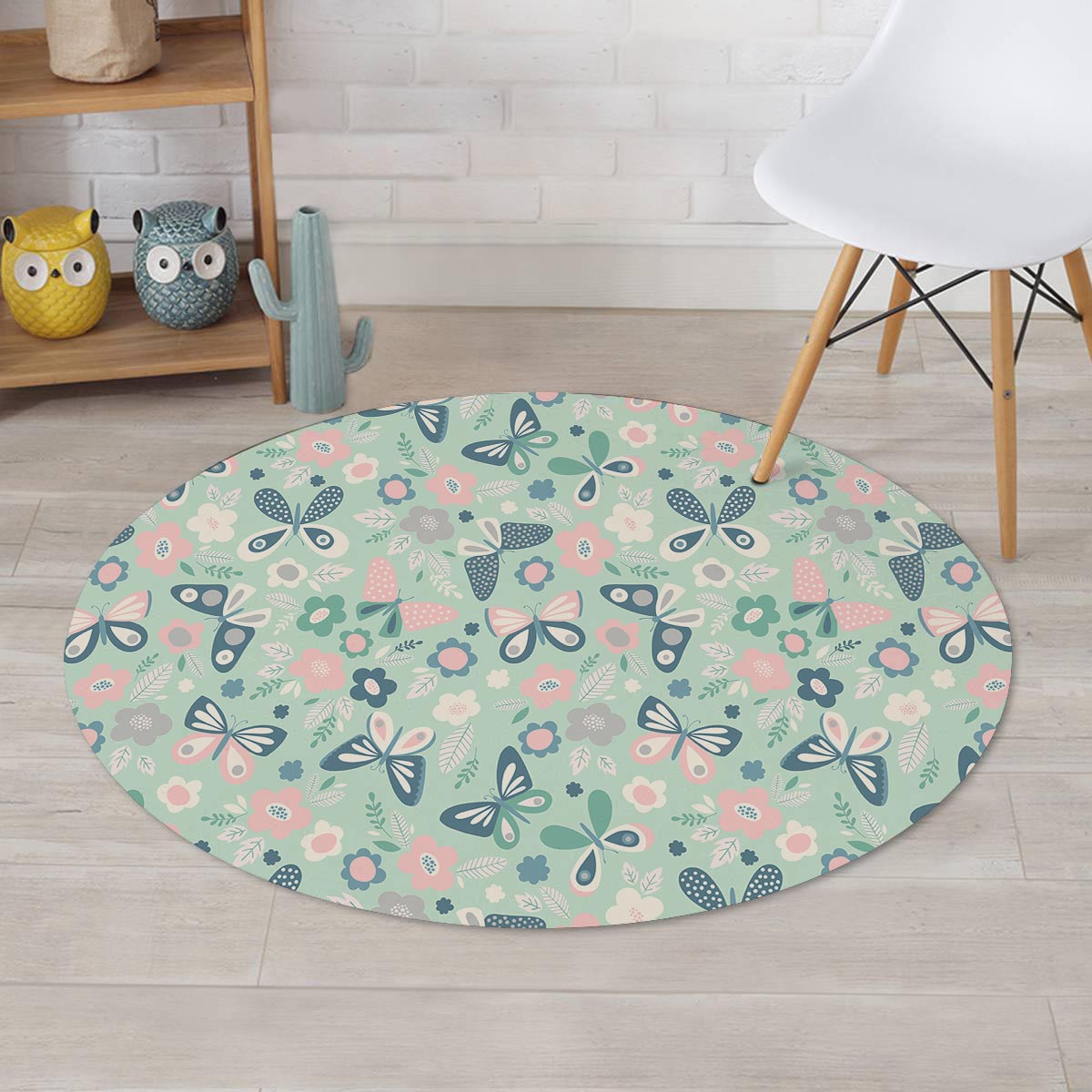 Floral Mint Butterfly Print Round Rug-grizzshop