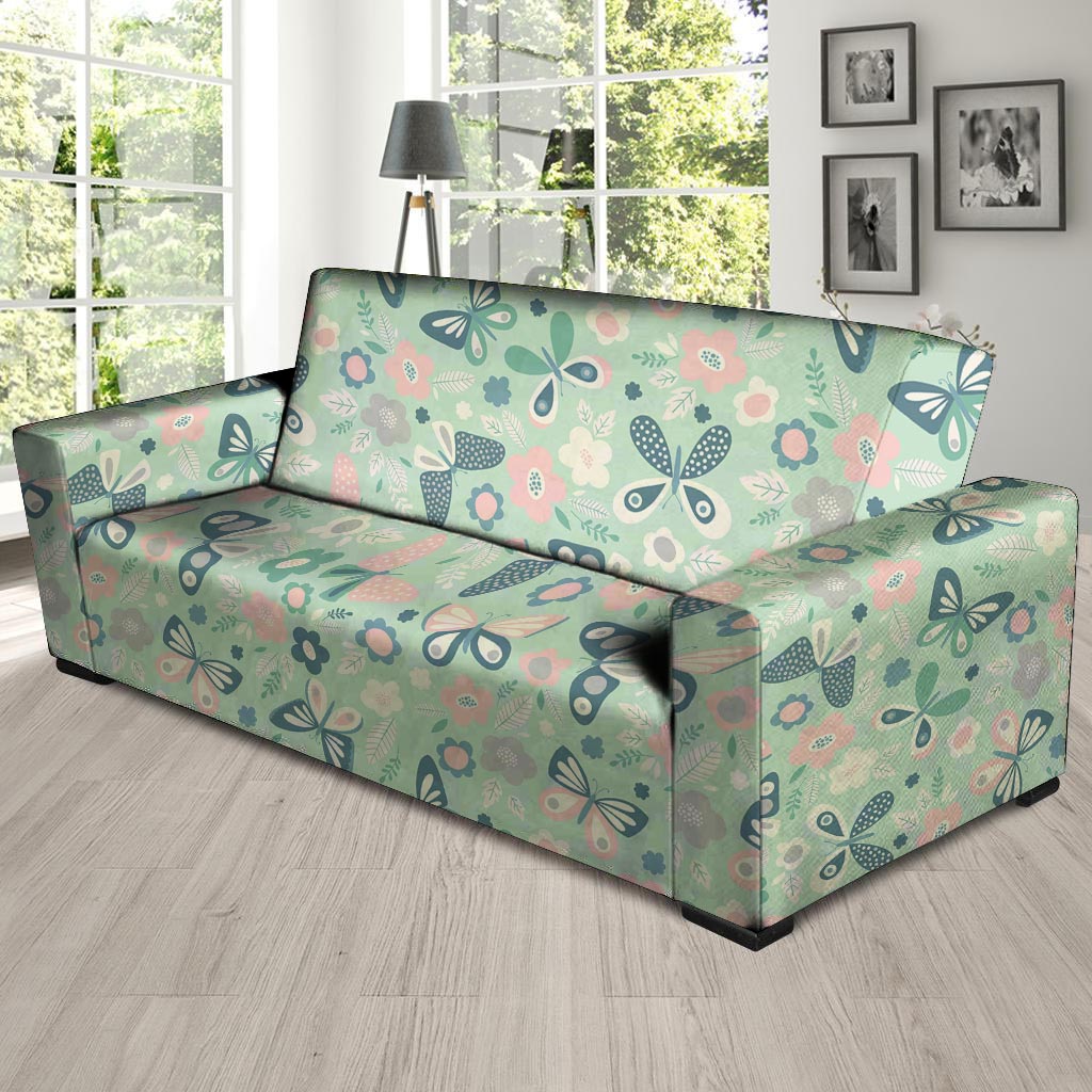 Floral Mint Butterfly Print Sofa Cover-grizzshop