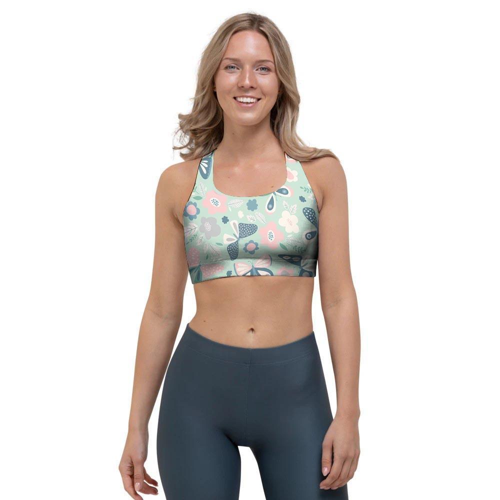 Floral Mint Butterfly Print Sports Bra-grizzshop