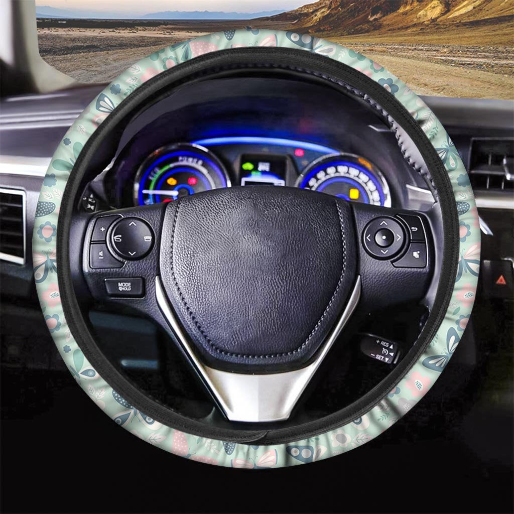 Floral Mint Butterfly Print Steering Wheel Cover-grizzshop