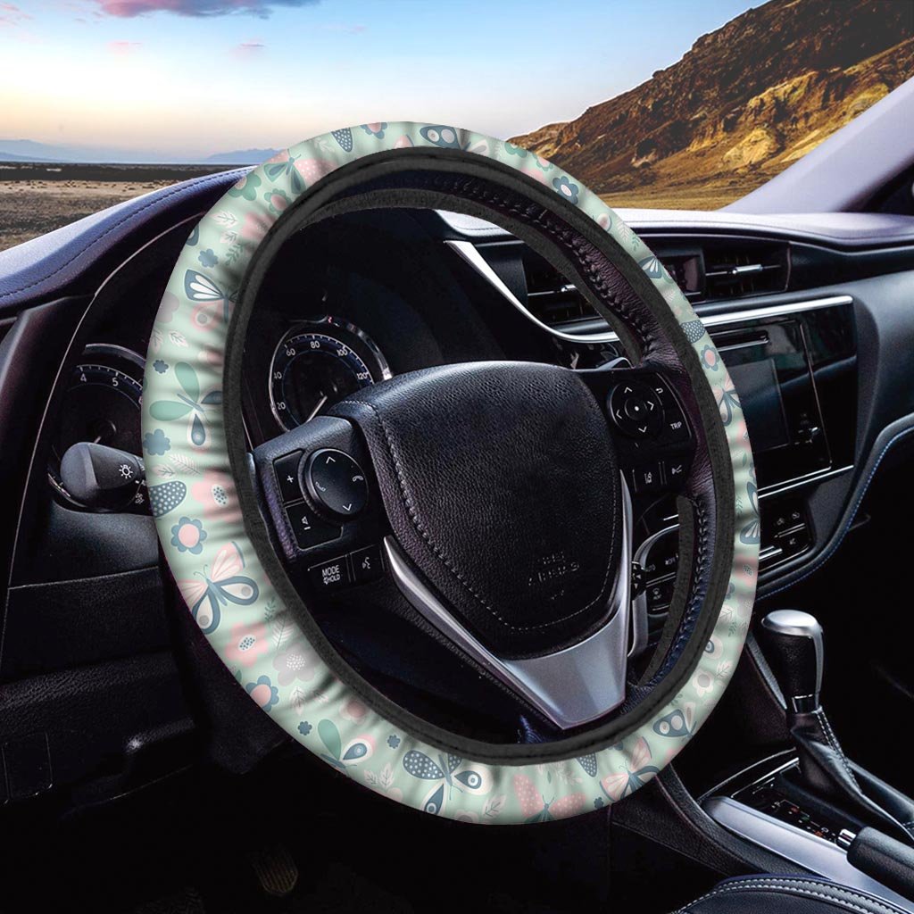 Floral Mint Butterfly Print Steering Wheel Cover-grizzshop