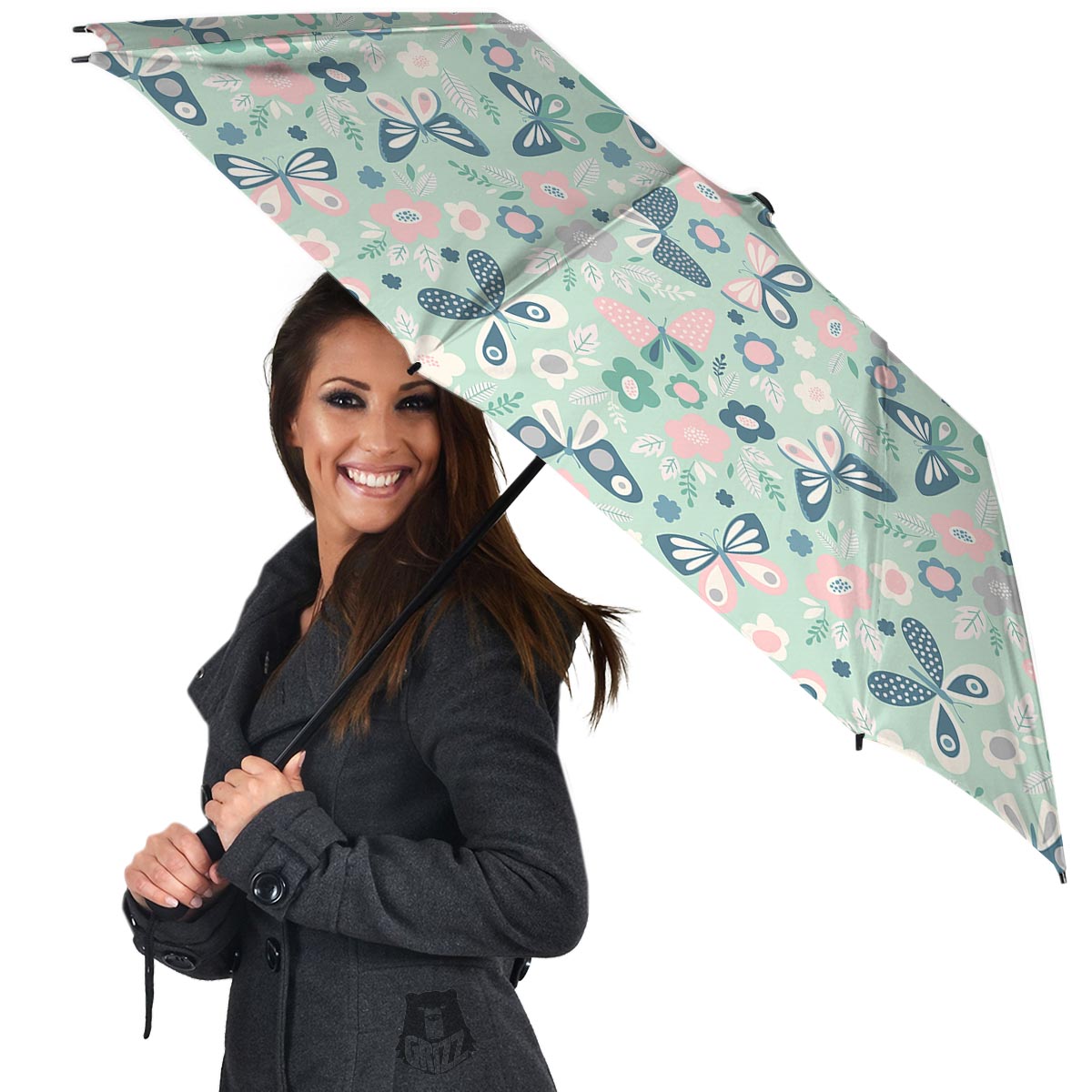 Floral Mint Butterfly Print Umbrella-grizzshop