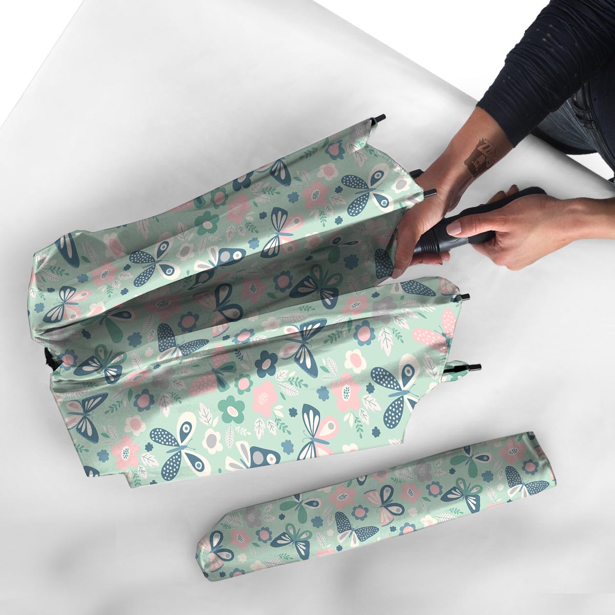 Floral Mint Butterfly Print Umbrella-grizzshop