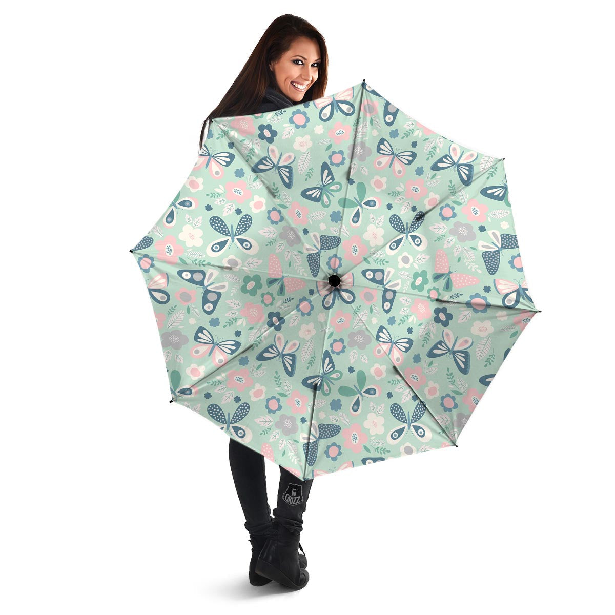 Floral Mint Butterfly Print Umbrella-grizzshop