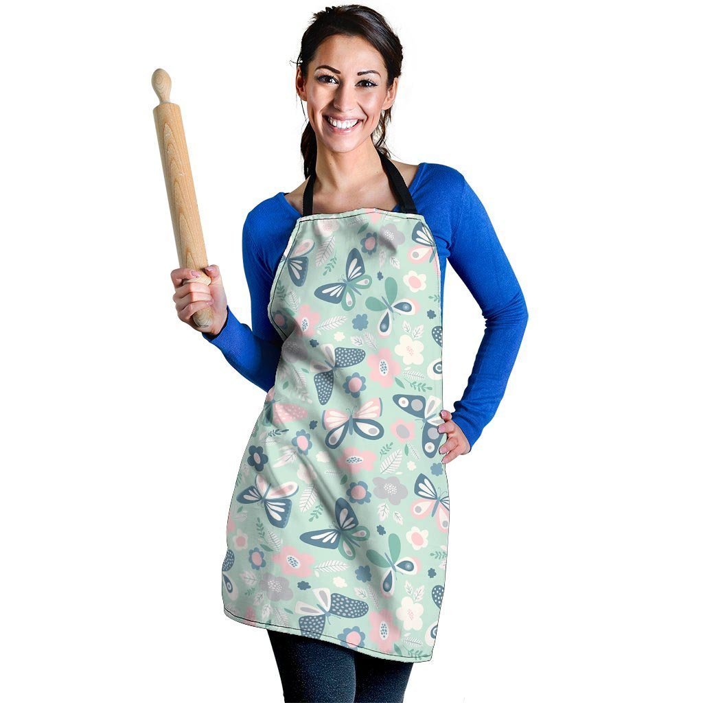 Floral Mint Butterfly Print Women's Apron-grizzshop