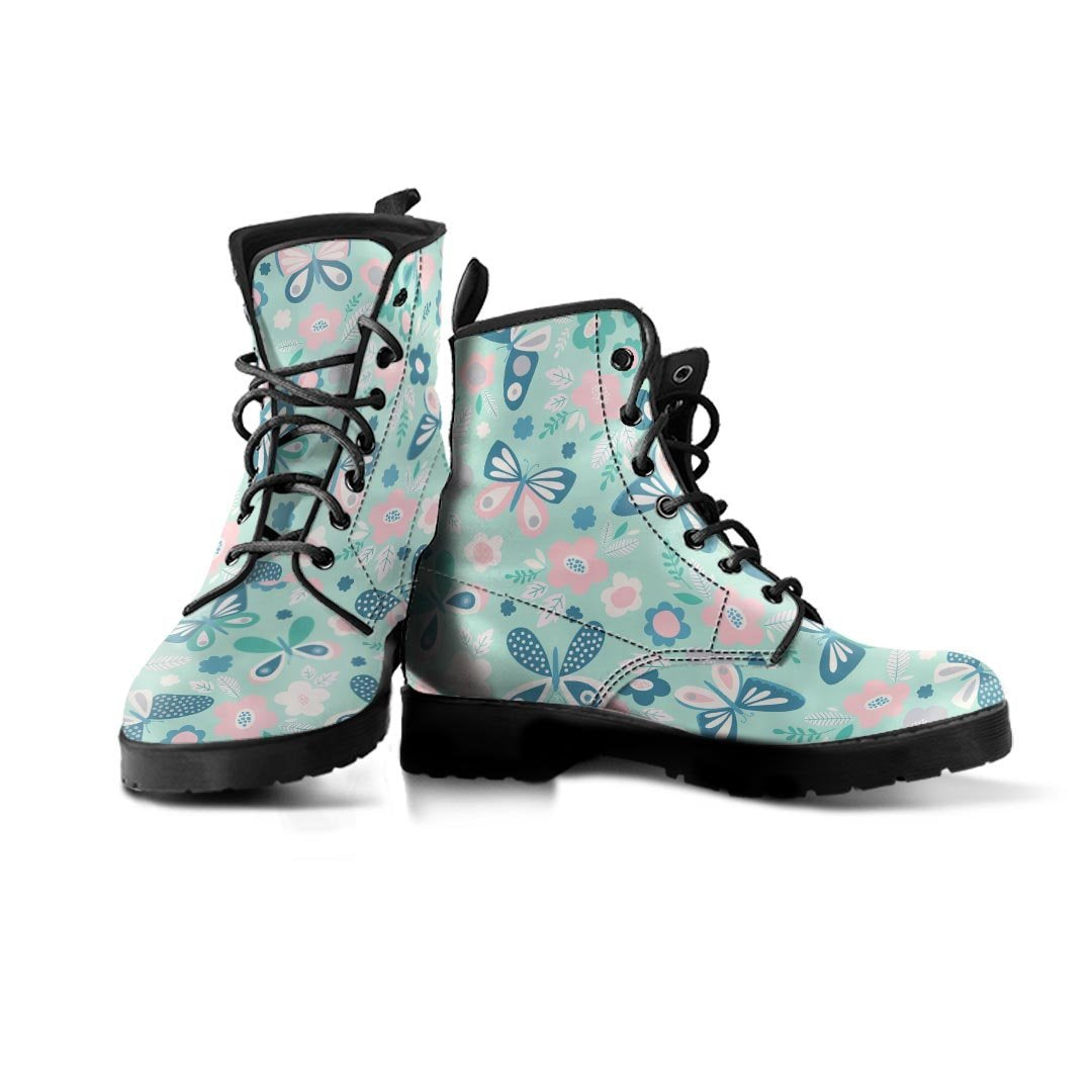 Floral Mint Butterfly Print Women's Boots-grizzshop