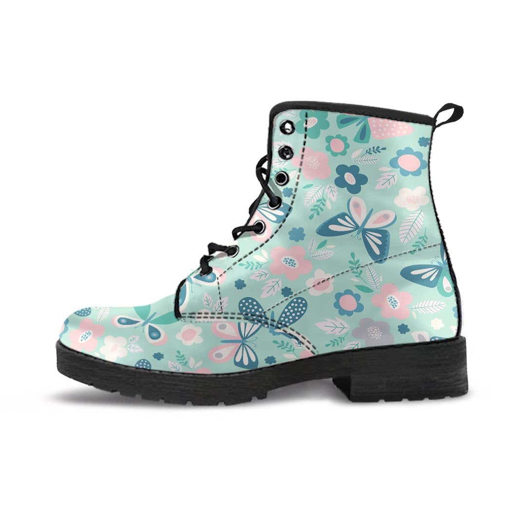 Floral Mint Butterfly Print Women's Boots-grizzshop