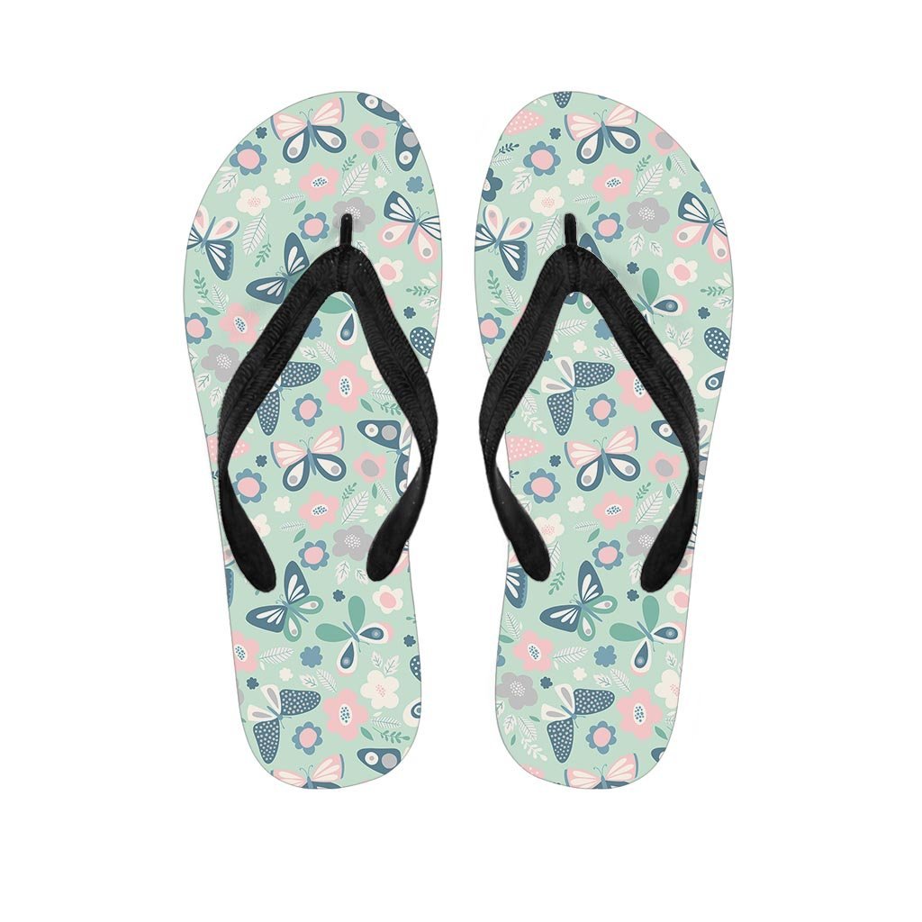 Floral Mint Butterfly Print Women's Flip Flops-grizzshop
