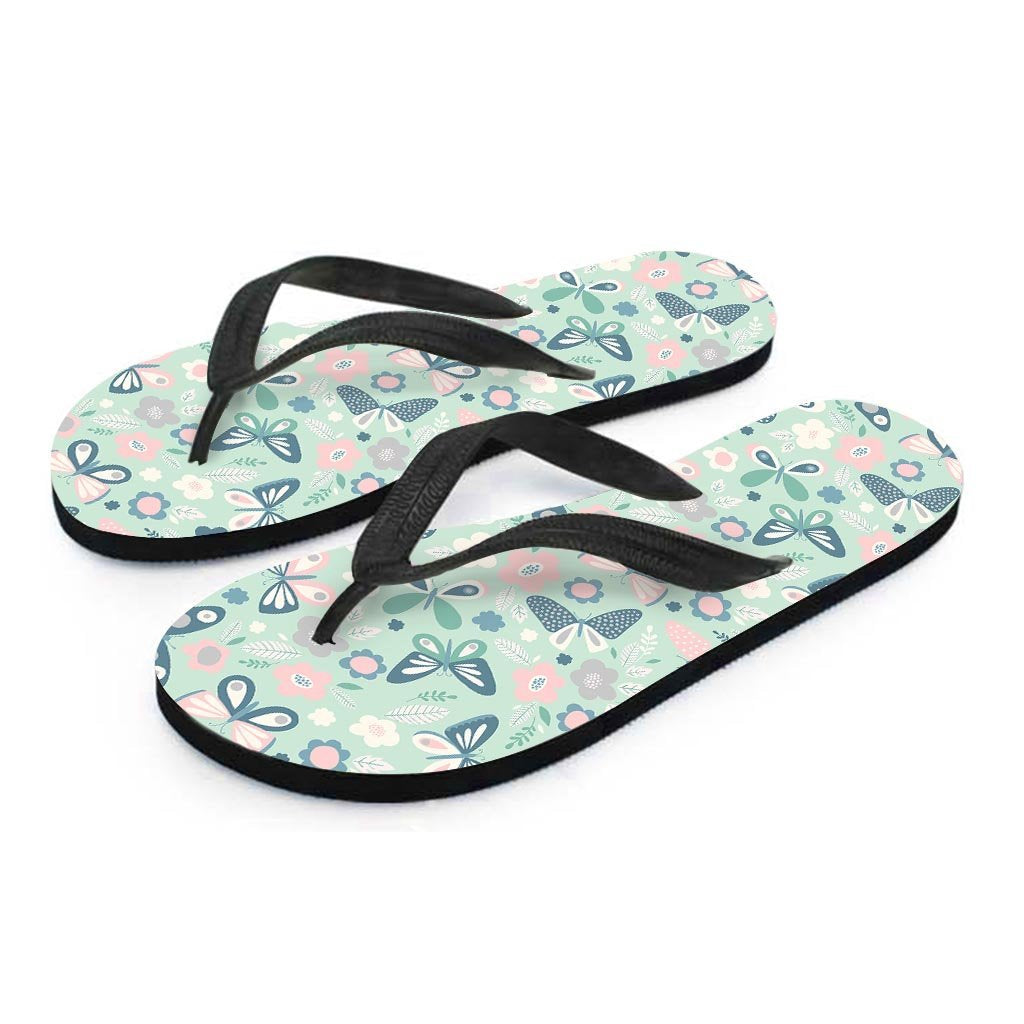 Floral Mint Butterfly Print Women's Flip Flops-grizzshop