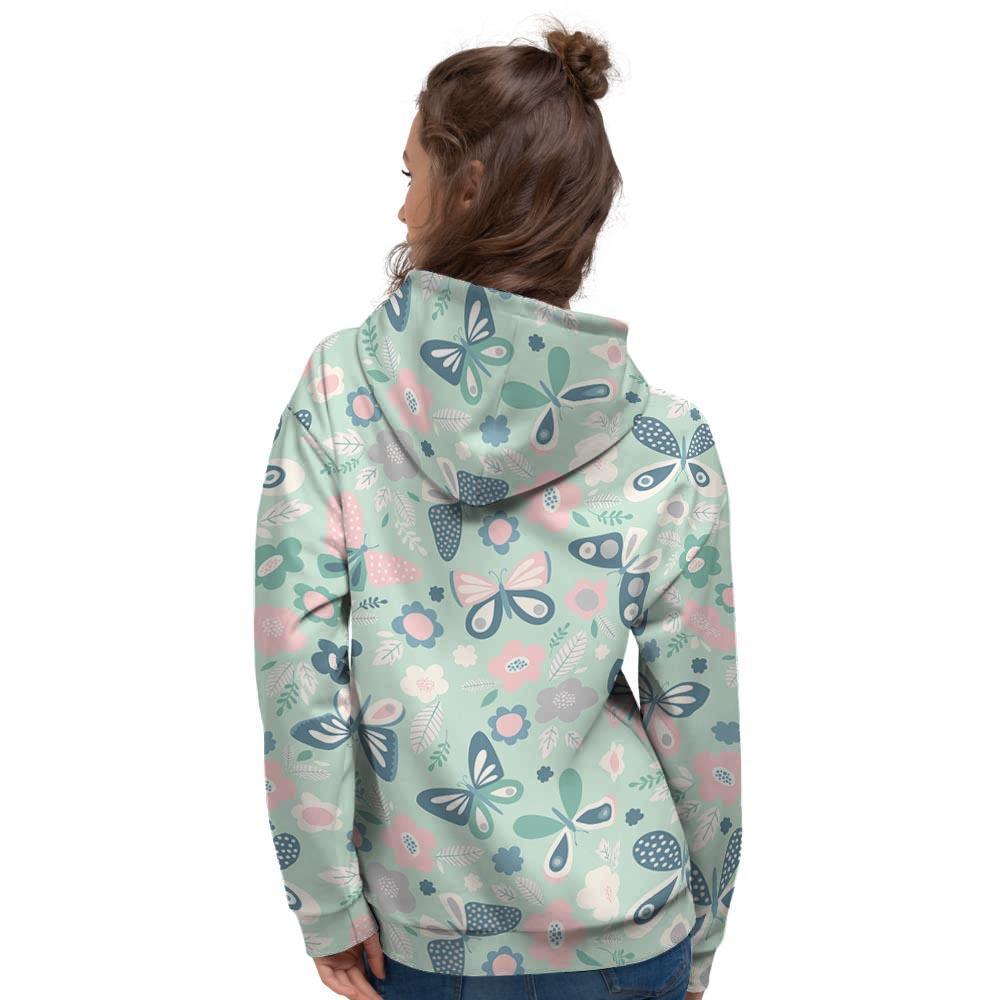 Floral Mint Butterfly Print Women's Hoodie-grizzshop