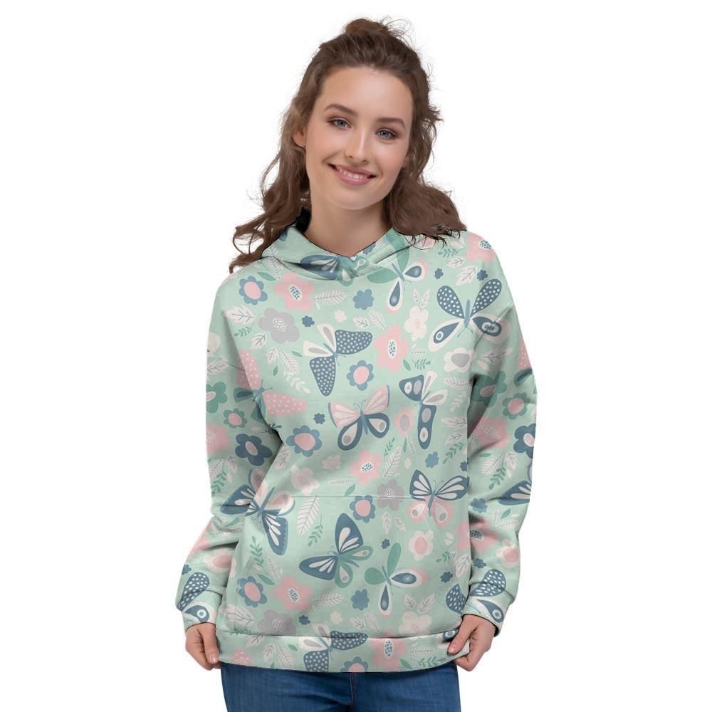 Floral Mint Butterfly Print Women's Hoodie-grizzshop