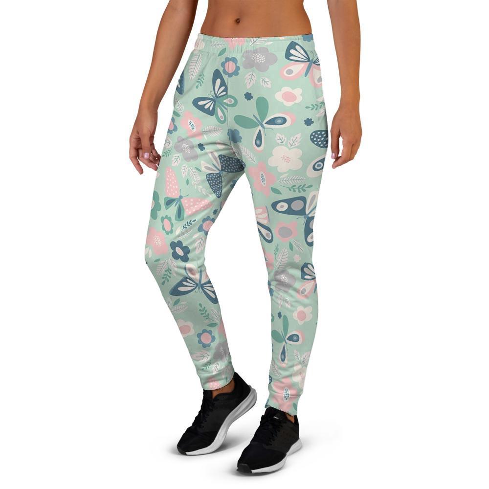 Floral Mint Butterfly Print Women's Joggers-grizzshop