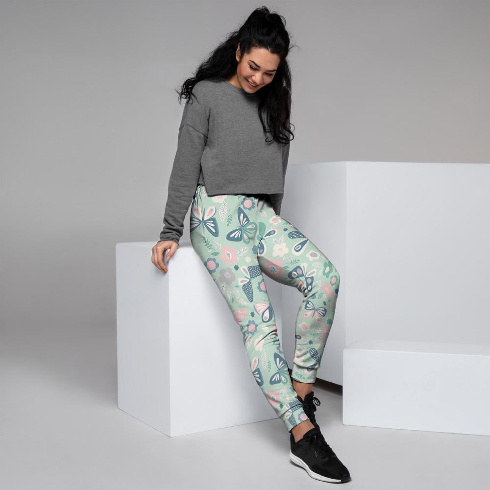 Floral Mint Butterfly Print Women's Joggers-grizzshop