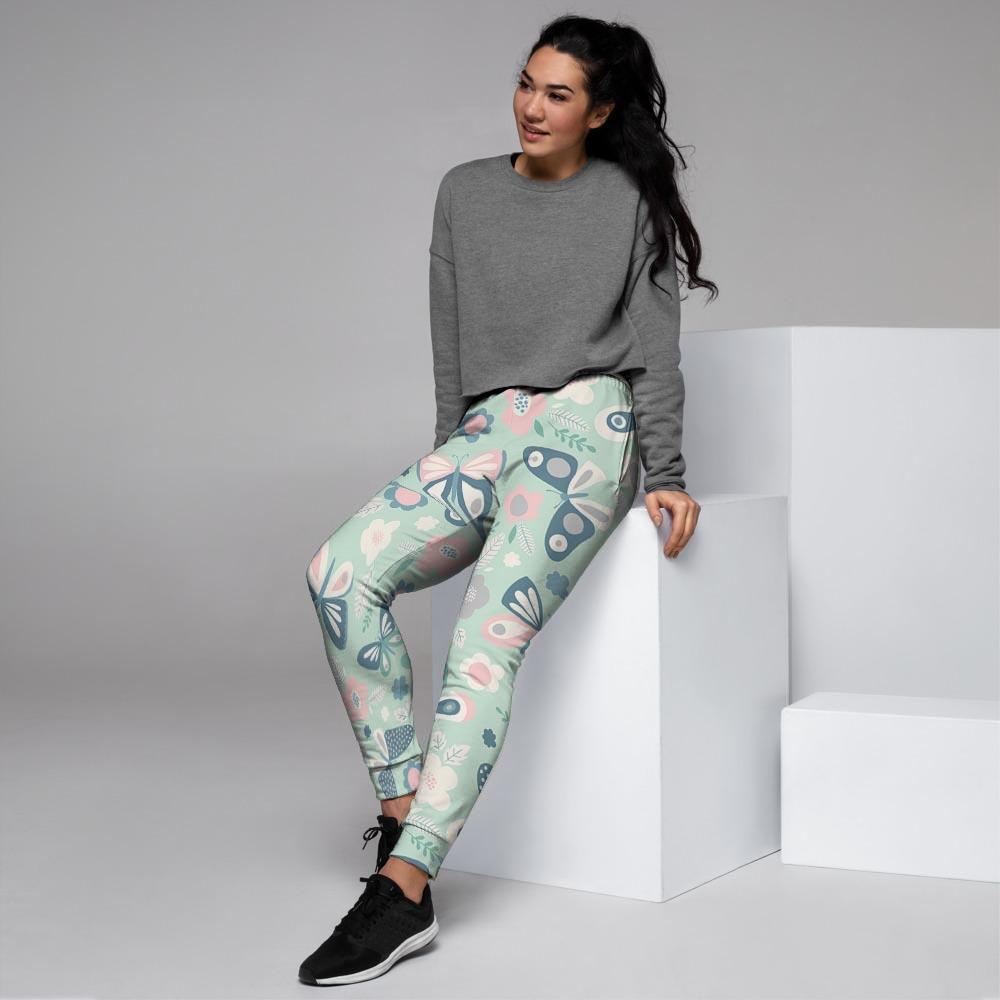 Floral Mint Butterfly Print Women's Joggers-grizzshop