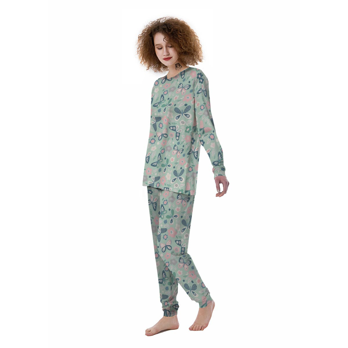 Floral Mint Butterfly Print Women's Pajamas-grizzshop