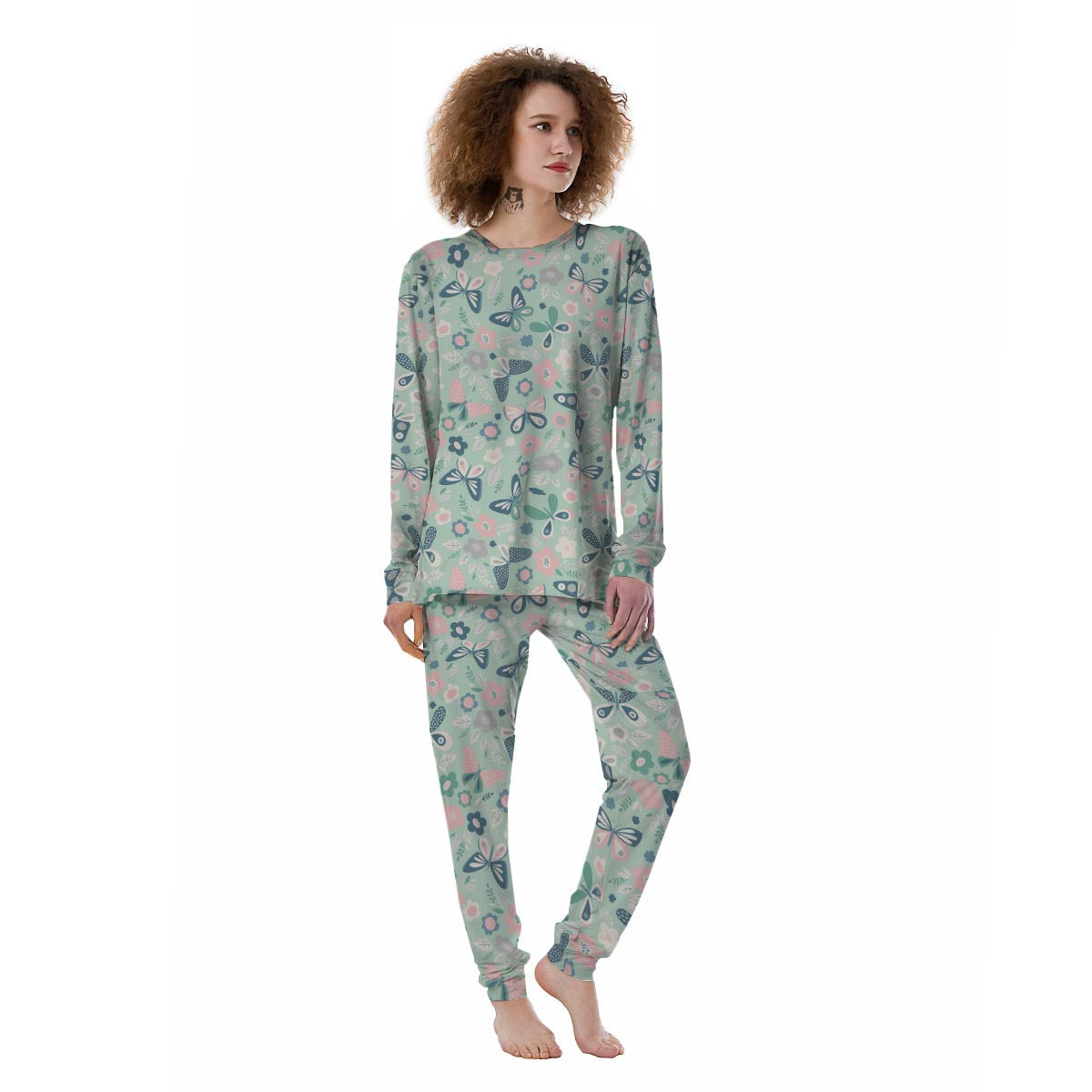 Floral Mint Butterfly Print Women's Pajamas-grizzshop