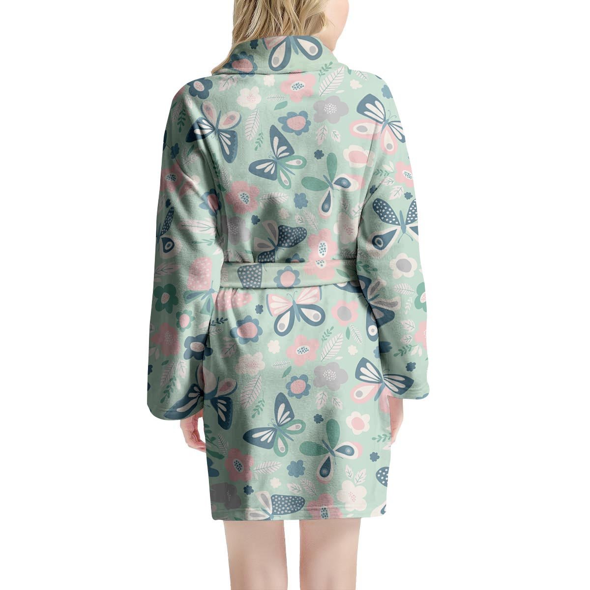 Floral Mint Butterfly Print Women's Robe-grizzshop