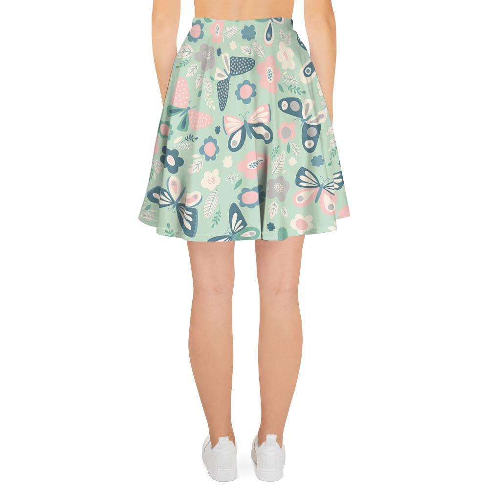 Floral Mint Butterfly Print Women's Skirt-grizzshop