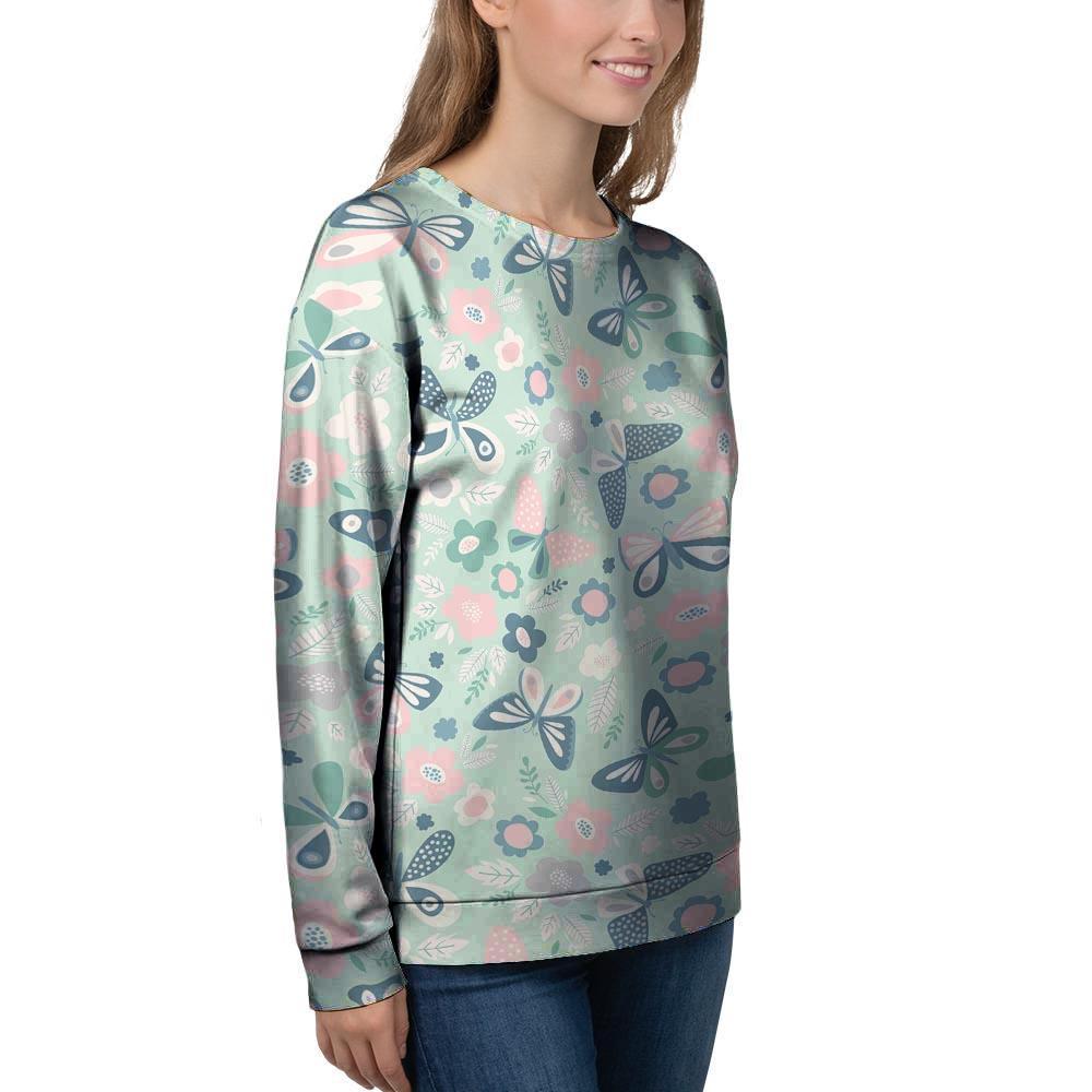 Floral Mint Butterfly Print Women's Sweatshirt-grizzshop