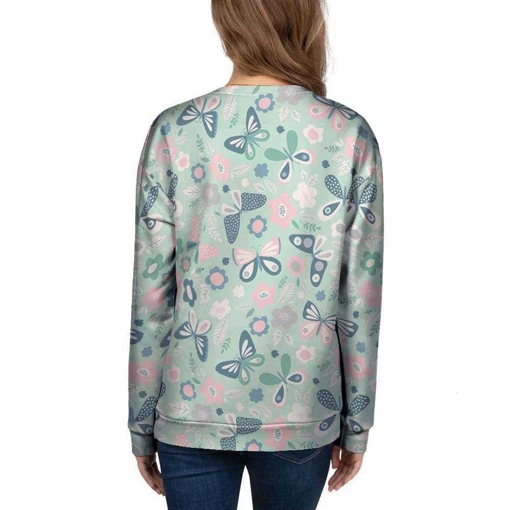 Floral Mint Butterfly Print Women's Sweatshirt-grizzshop