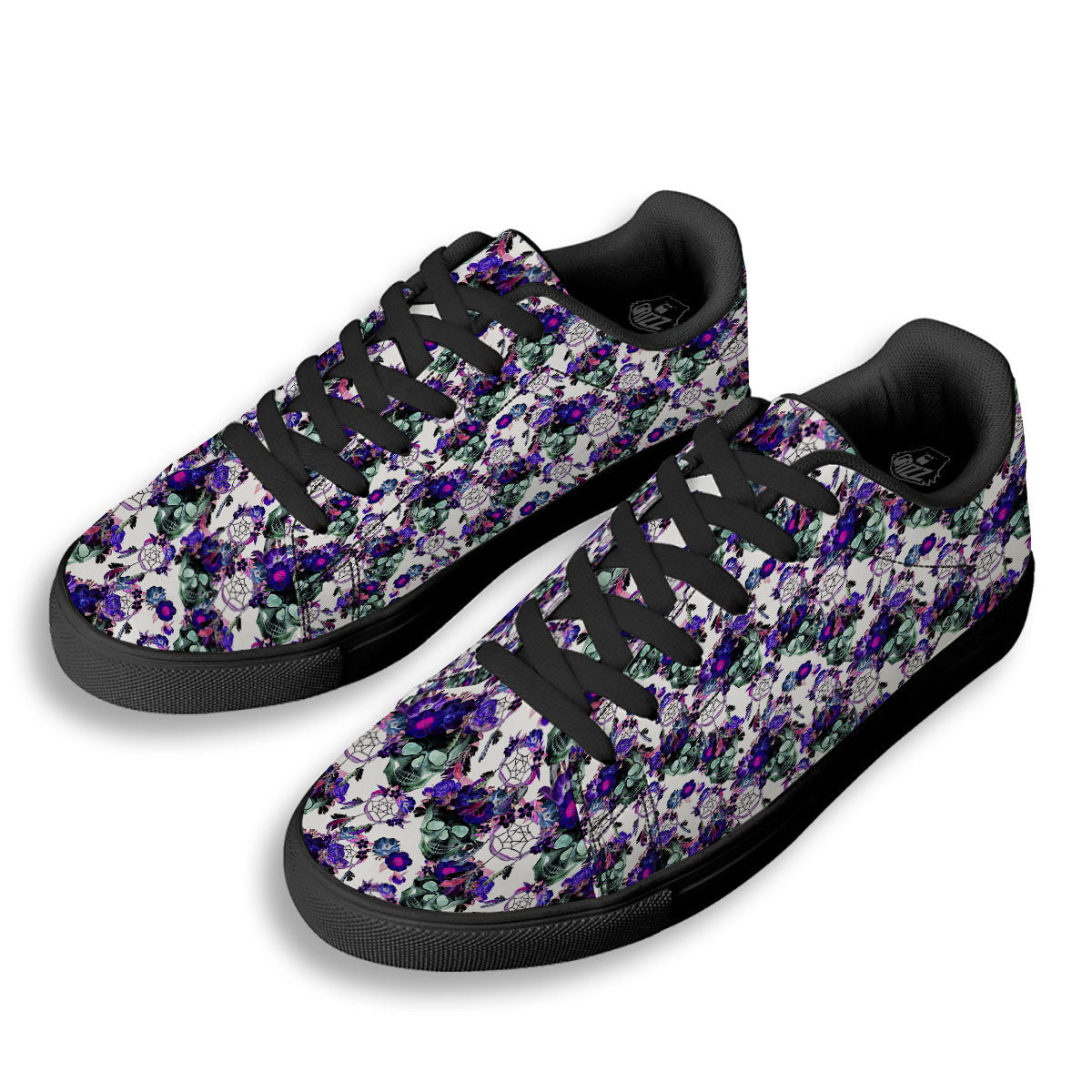 Floral Neon Skull Print Pattern Black Low Top Sneakers-grizzshop