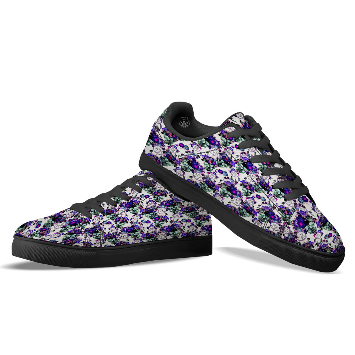 Floral Neon Skull Print Pattern Black Low Top Sneakers-grizzshop