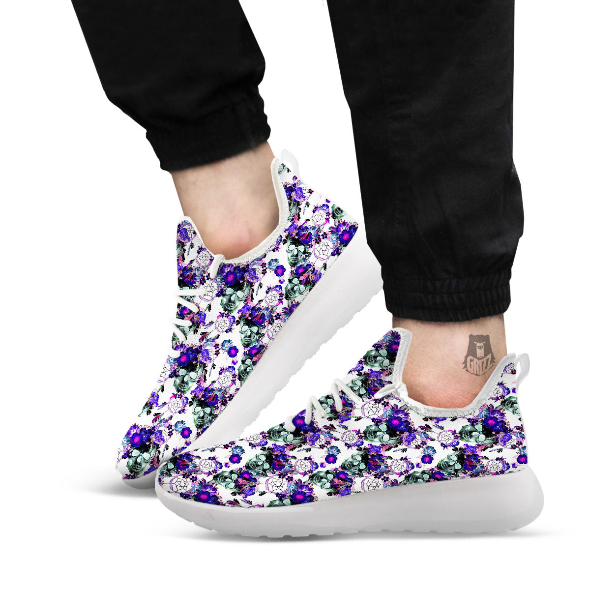 Floral Neon Skull Print Pattern White Athletic Shoes-grizzshop