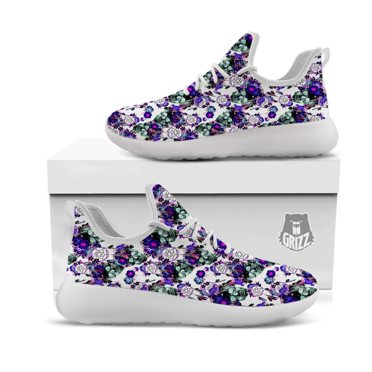 Floral Neon Skull Print Pattern White Athletic Shoes-grizzshop