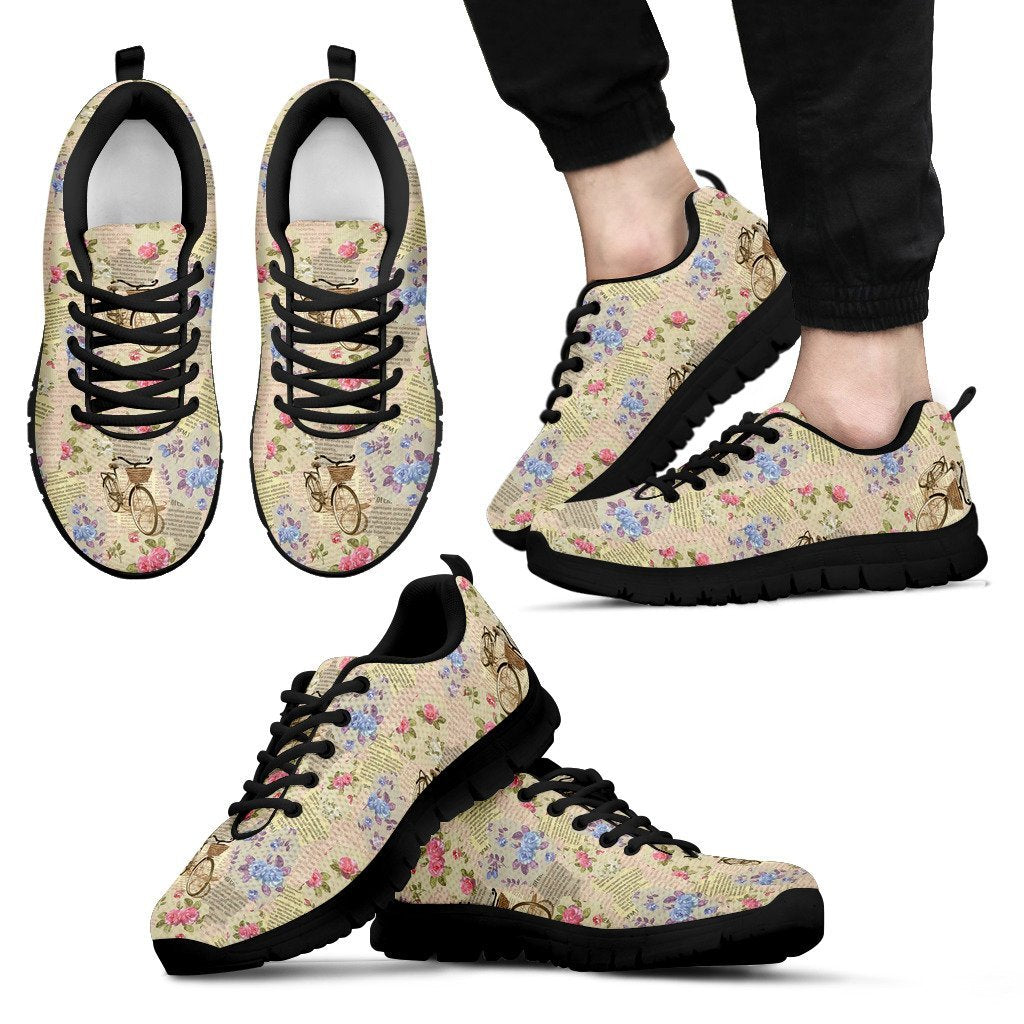 Floral Newspaper Pattern Print Black Sneaker Shoes For Men Women-grizzshop