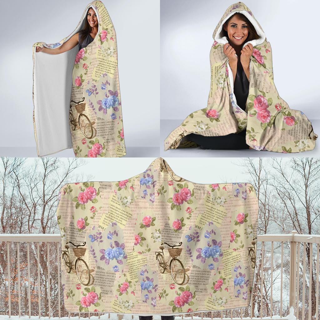 Floral Newspaper Pattern Print Hooded Blanket-grizzshop