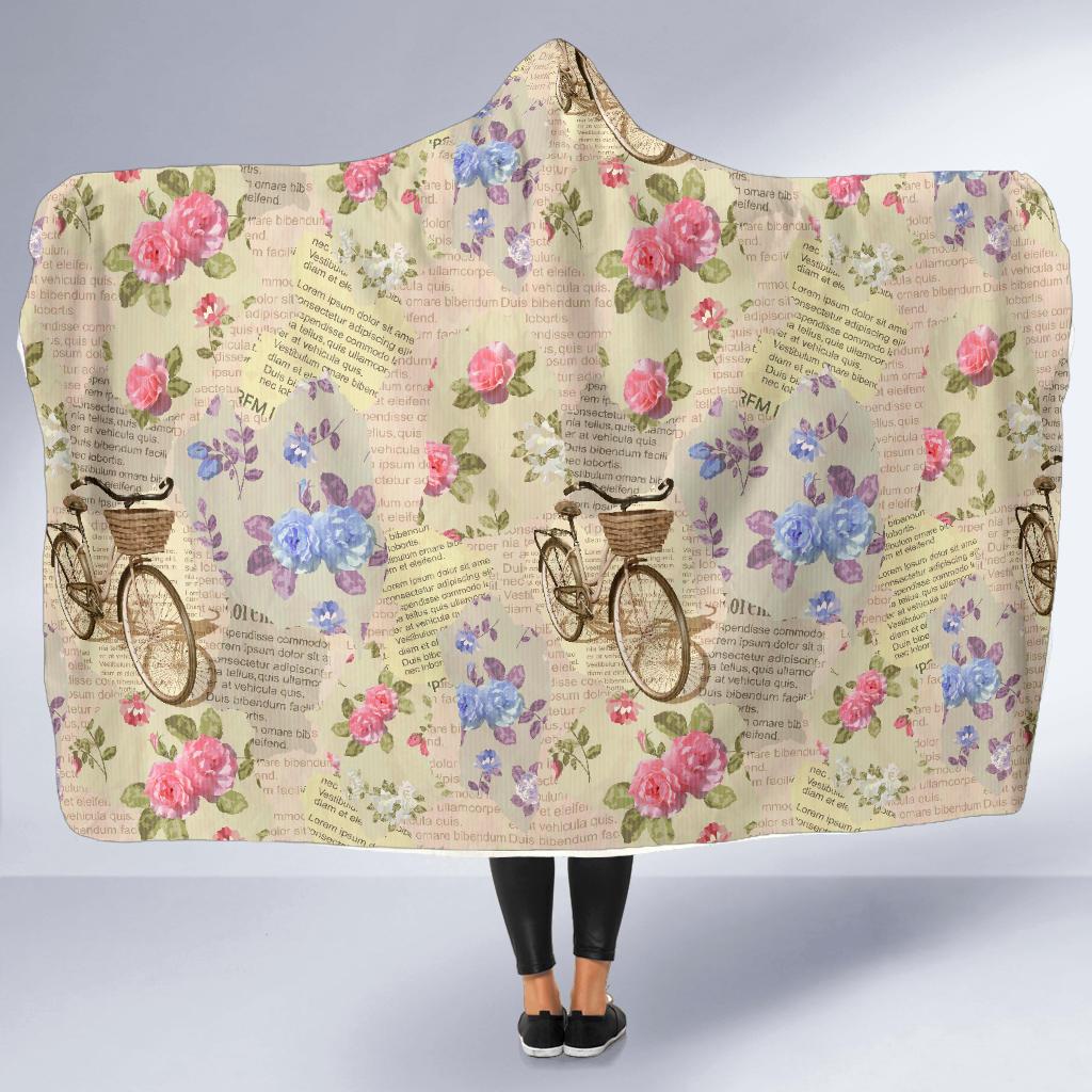 Floral Newspaper Pattern Print Hooded Blanket-grizzshop
