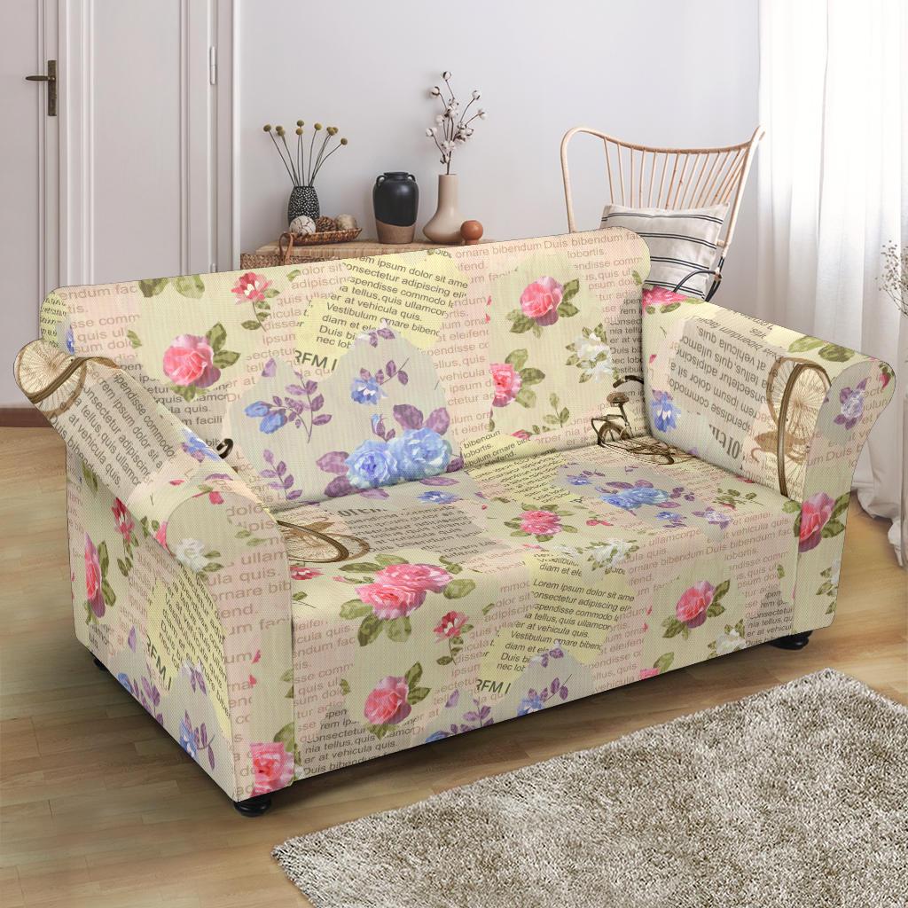 Floral Newspaper Pattern Print Loveseat Cover-grizzshop