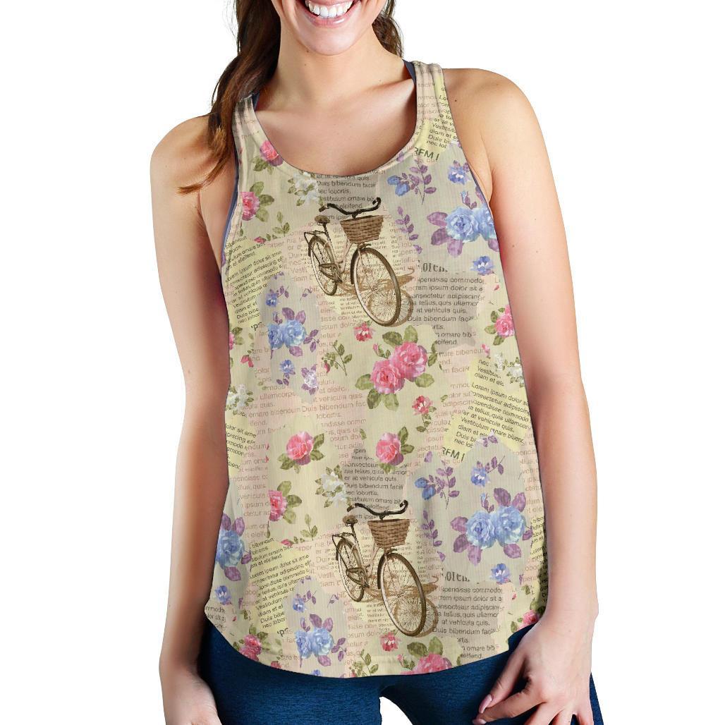 Floral Newspaper Pattern Print Racerback Tank Tops-grizzshop