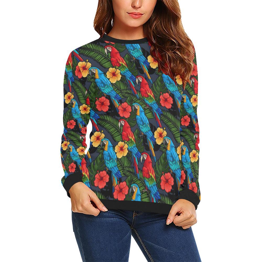 Floral Parrot Bird Pattern Print Women Crewneck Sweatshirt-grizzshop