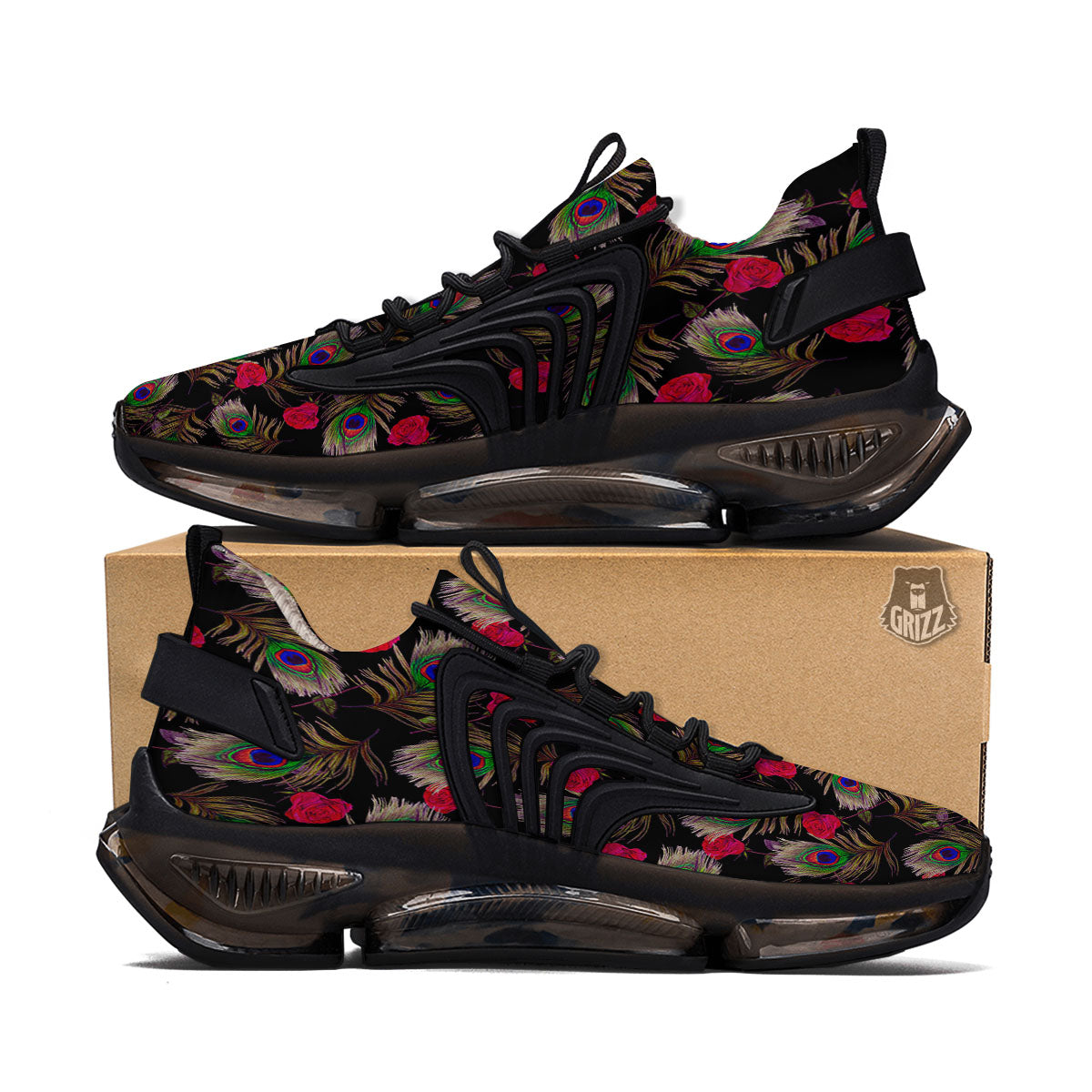 Floral Peacock Feather Print Pattern Black Gym Shoes-grizzshop