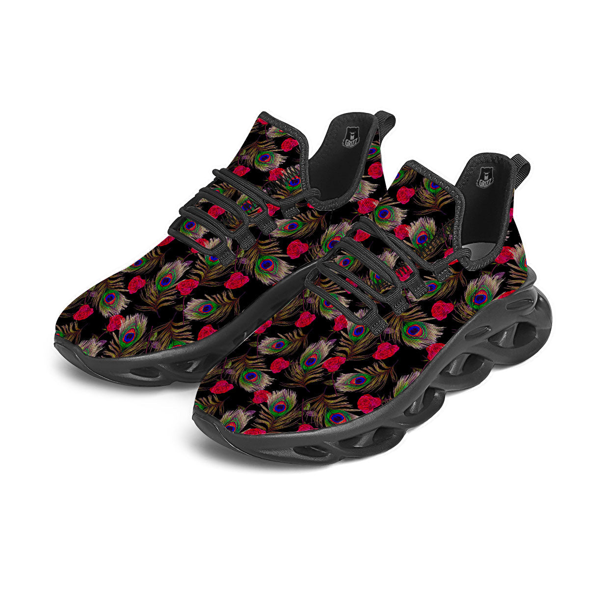 Floral Peacock Feather Print Pattern Black Running Shoes-grizzshop
