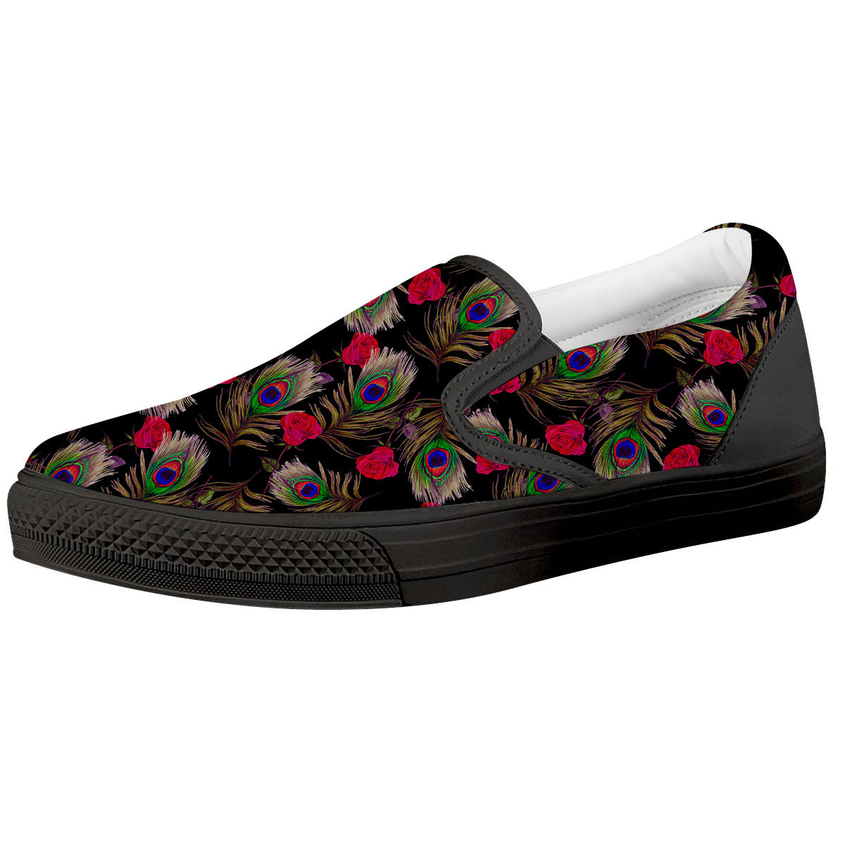Floral Peacock Feather Print Pattern Black Slip On Shoes-grizzshop