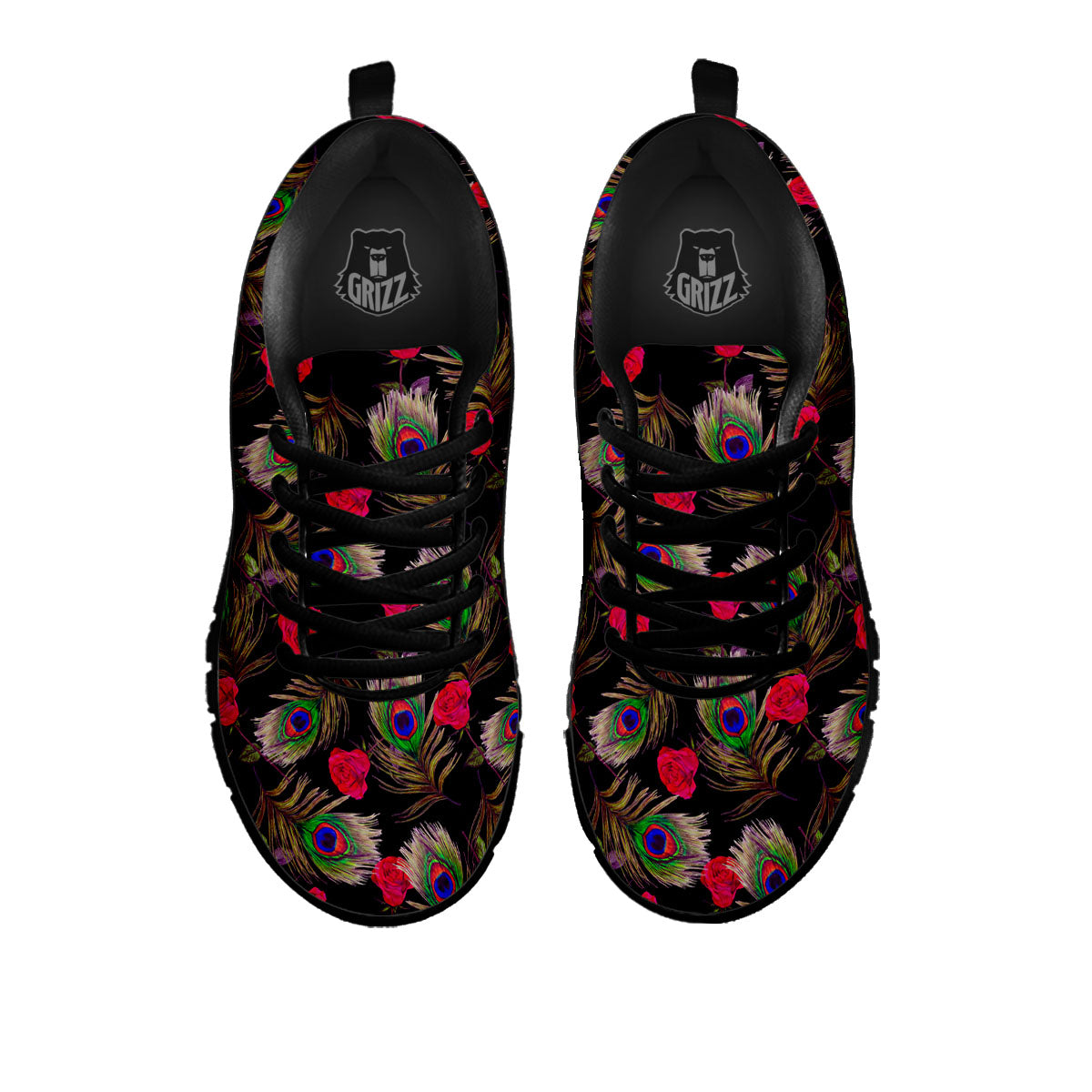 Floral Peacock Feather Print Pattern Black Sneaker-grizzshop