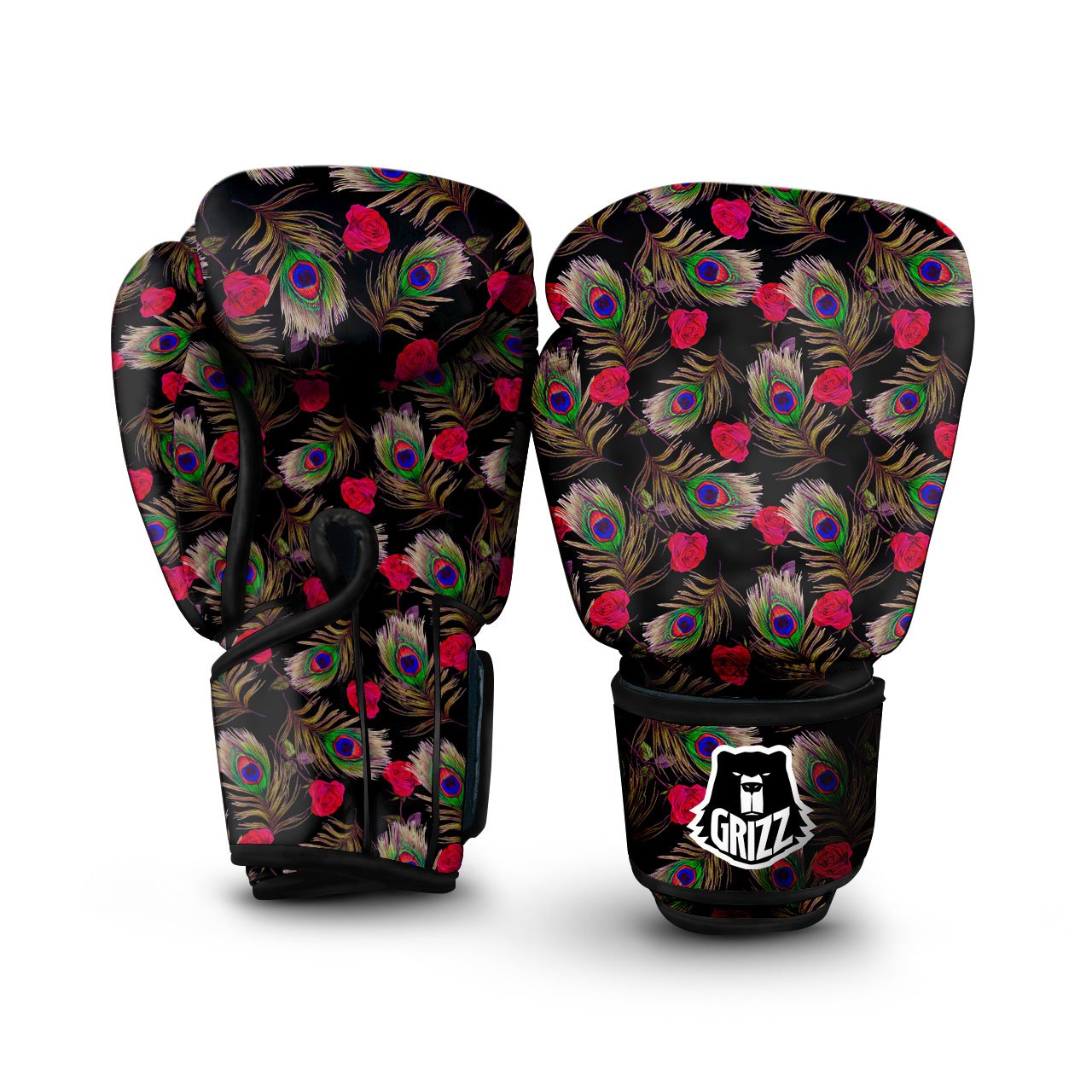 Floral Peacock Feather Print Pattern Boxing Gloves-grizzshop