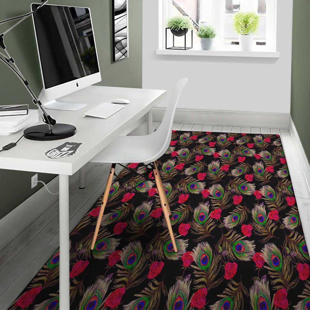 Floral Peacock Feather Print Pattern Floor Mat-grizzshop