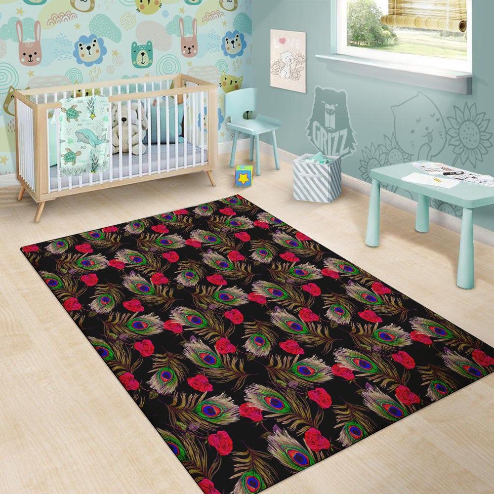 Floral Peacock Feather Print Pattern Floor Mat-grizzshop