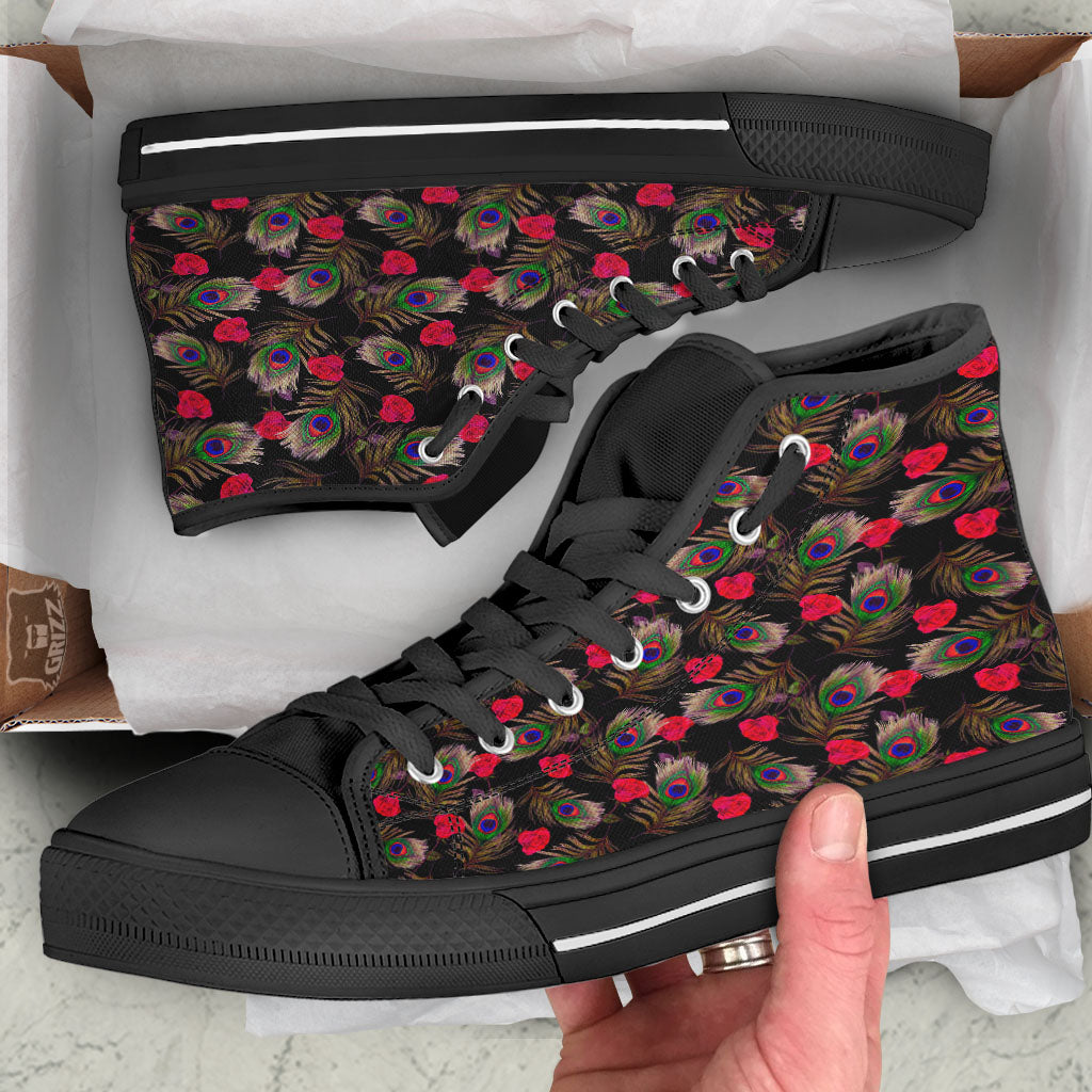 Floral Peacock Feather Print Pattern High Top Shoes-grizzshop