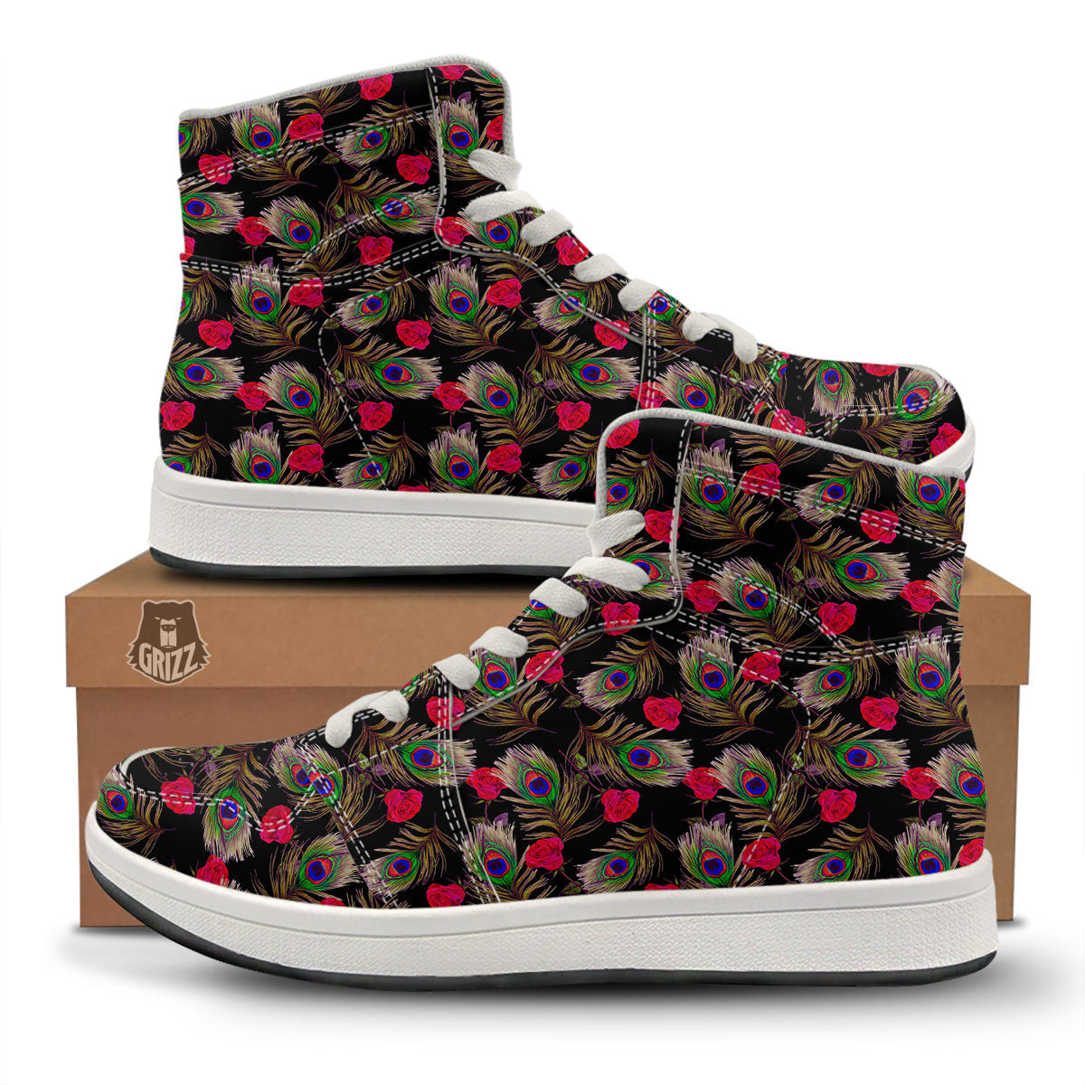 Floral Peacock Feather Print Pattern High Top Sneakers-grizzshop