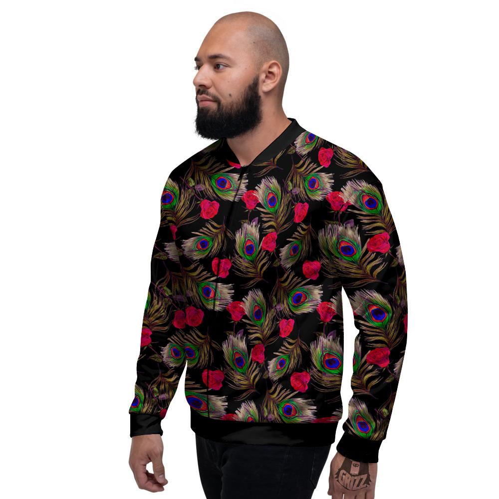 Floral Peacock Feather Print Pattern Men's Bomber Jacket-grizzshop